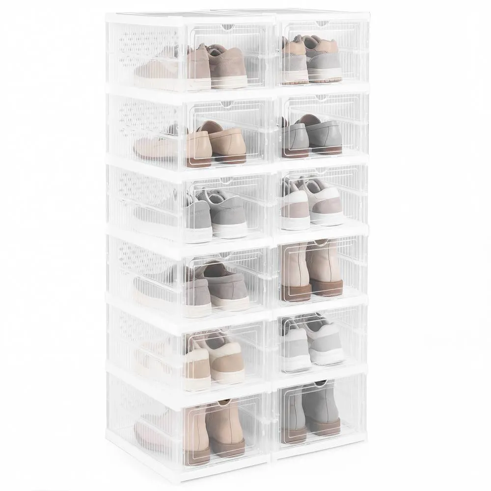 Costway 6-Tier Shoe Organizer Set of 2 Folding Plastic Sneaker Storage Boxes in White