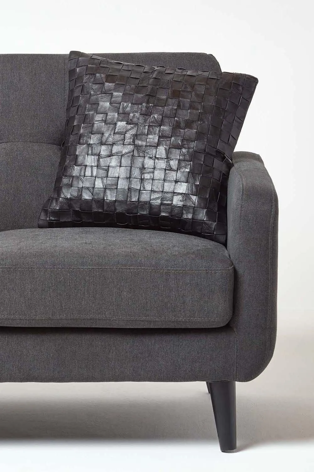 Homescapes Black Real Leather Basketweave Check Suede Cushion with Feather Filling 4