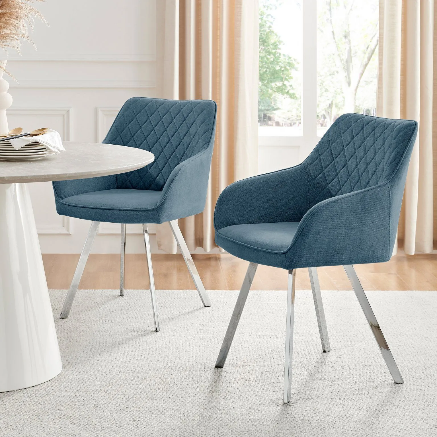 FurnitureboxUK Set of 2 Falun Deep Padded Dining Chairs Upholstered in Soft & Durable Fabric With Silver Chrome Legs in Blue