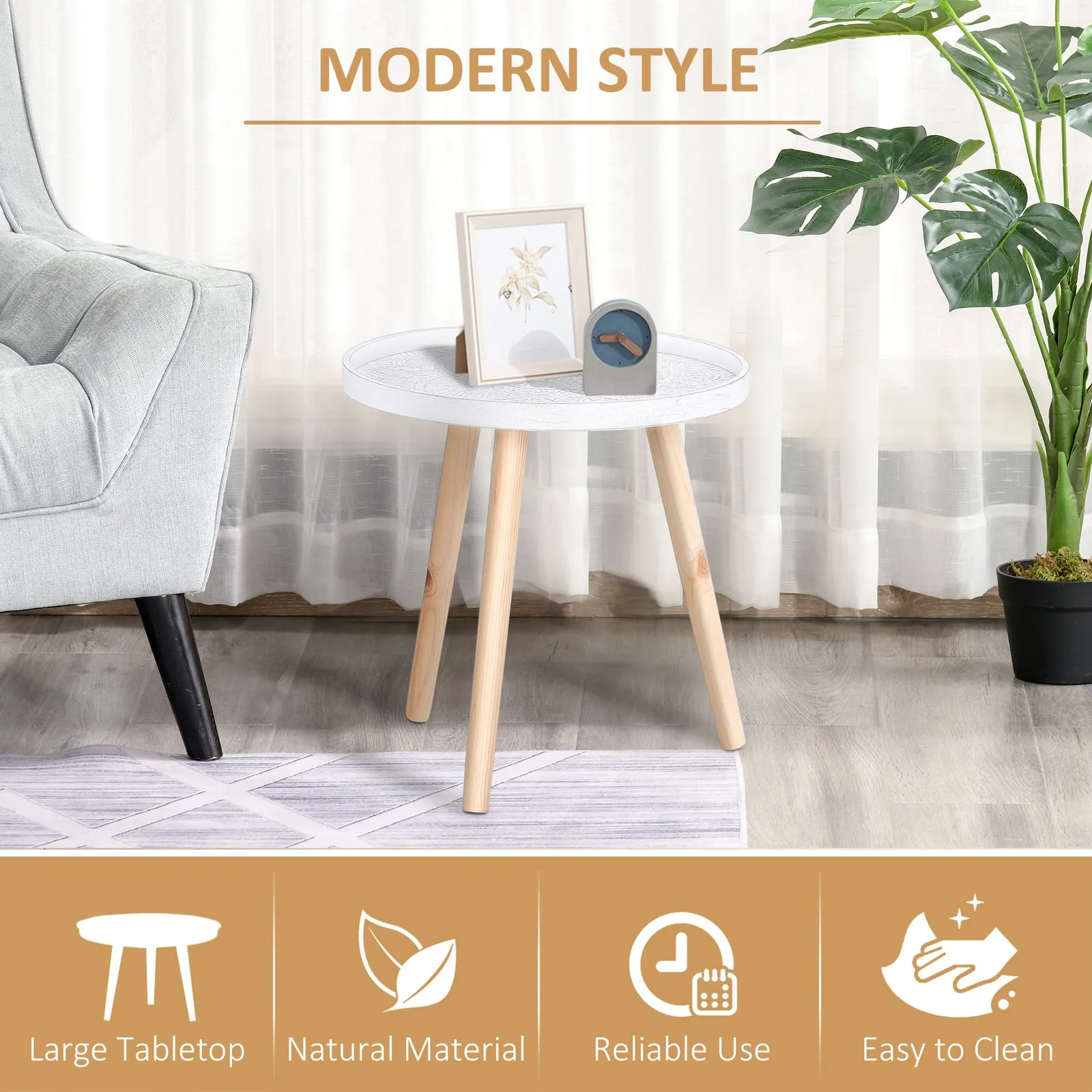 HOMCOM Bedside Round Table with Solid Wood Legs Sofa End Side in White 4