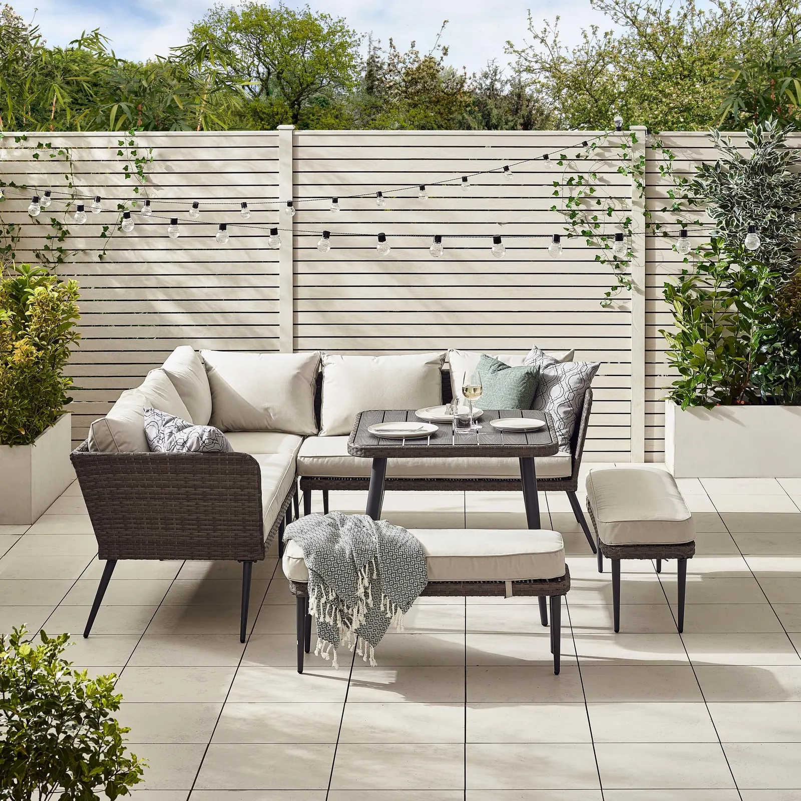 FurnitureboxUK Seychelles 9 Seater Outdoor Garden Sofa Set - PE Rattan & Wood Effect Garden Sofa & Table - 5 Seater Corner Sofa, 2 benches, Garden 2
