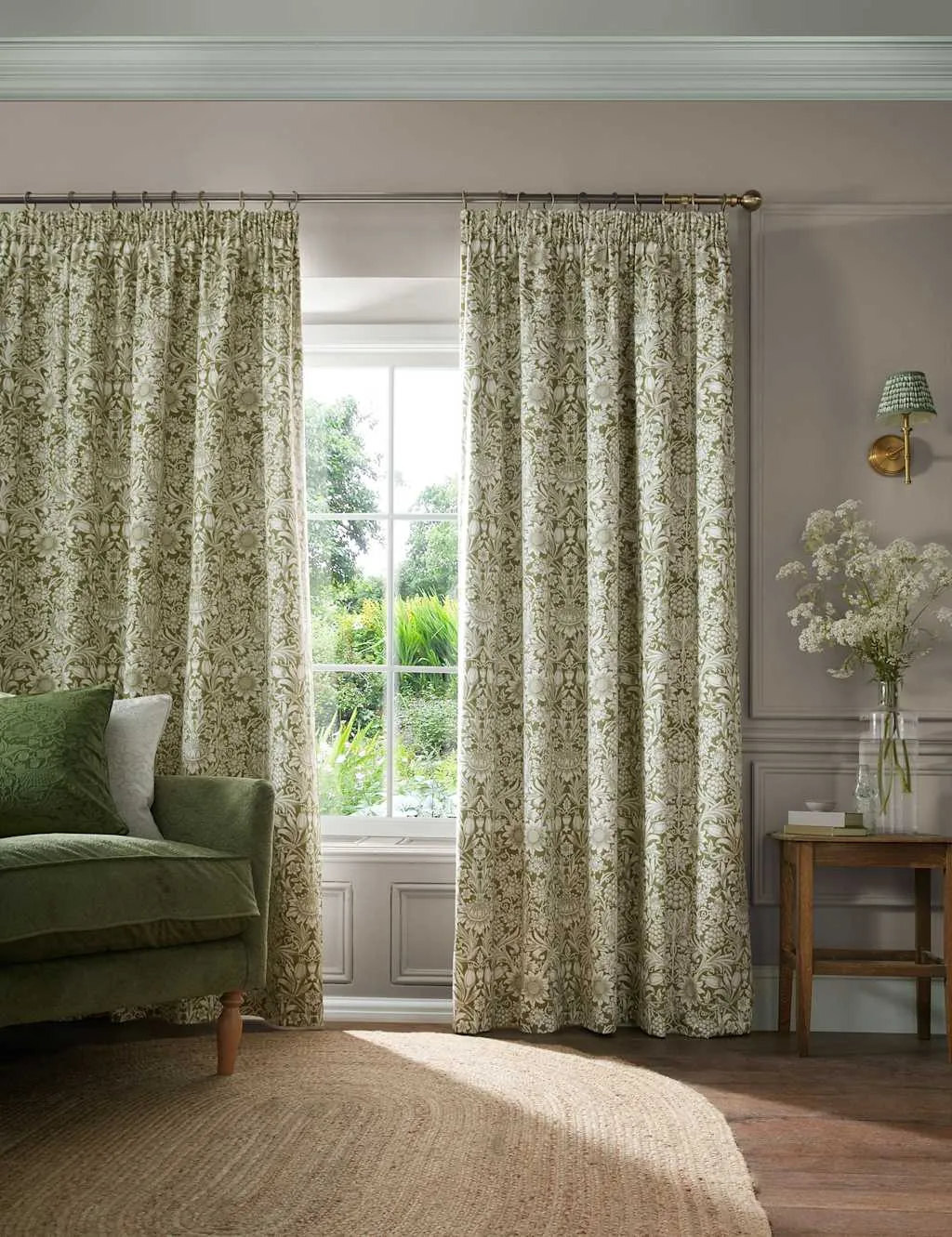 William Morris At Home Sunflower Pencil Pleat Blackout Curtains Green Mix