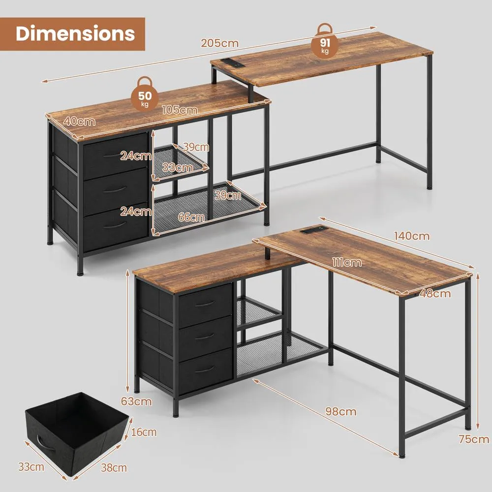 Costway L-Shaped Computer Desk Convertible Home Office Table with 3 Drawers in Brown 5