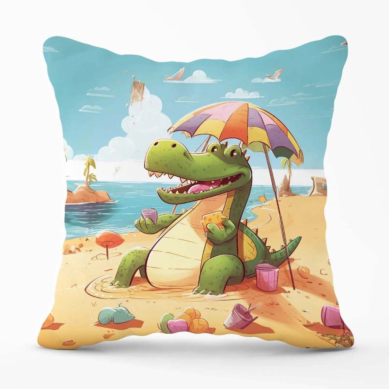 Warren Reed - Designer A Crocodile On A Beach Holiday Outdoor Cushion in Yellow
