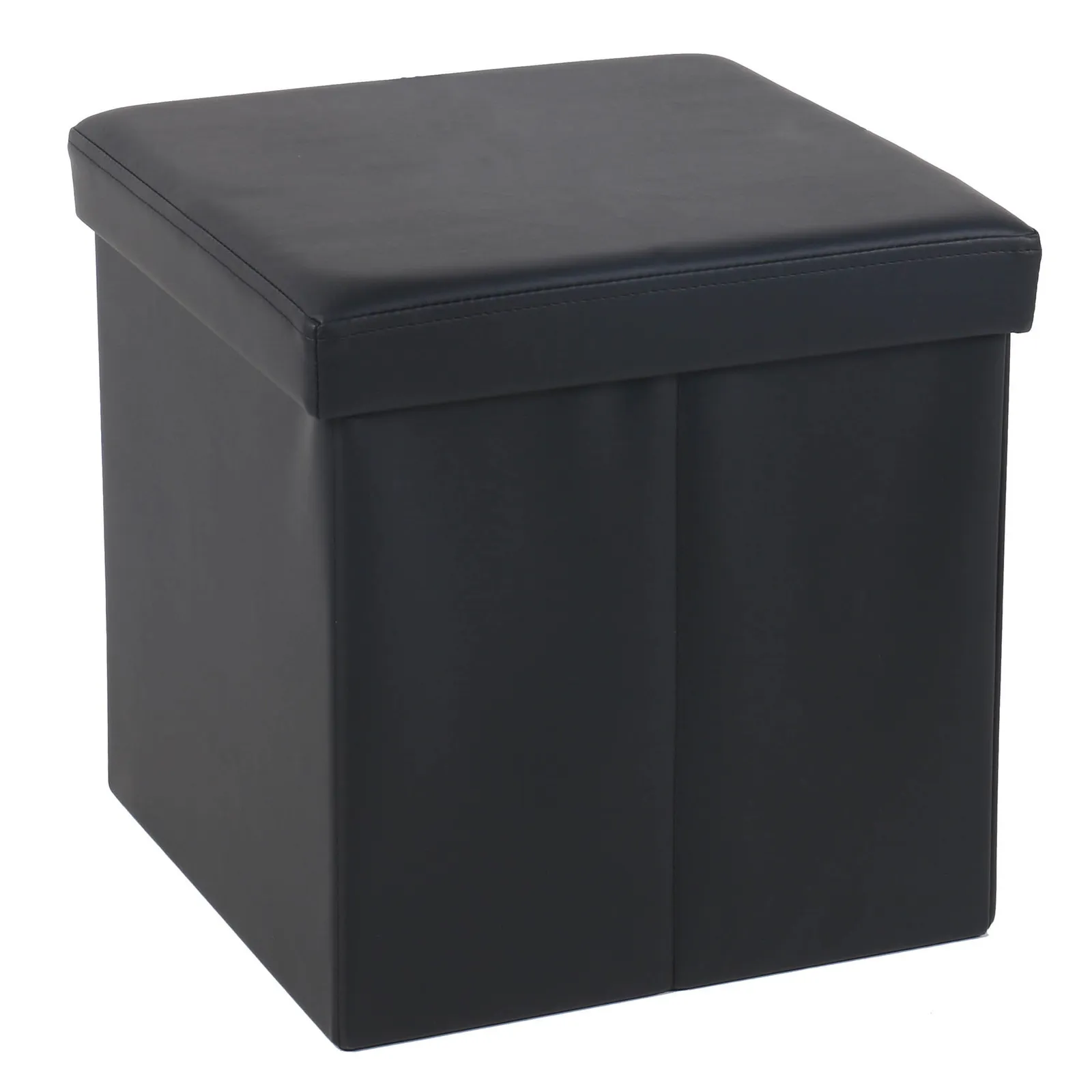Foldable Black Leather Look Cube Ottoman Black