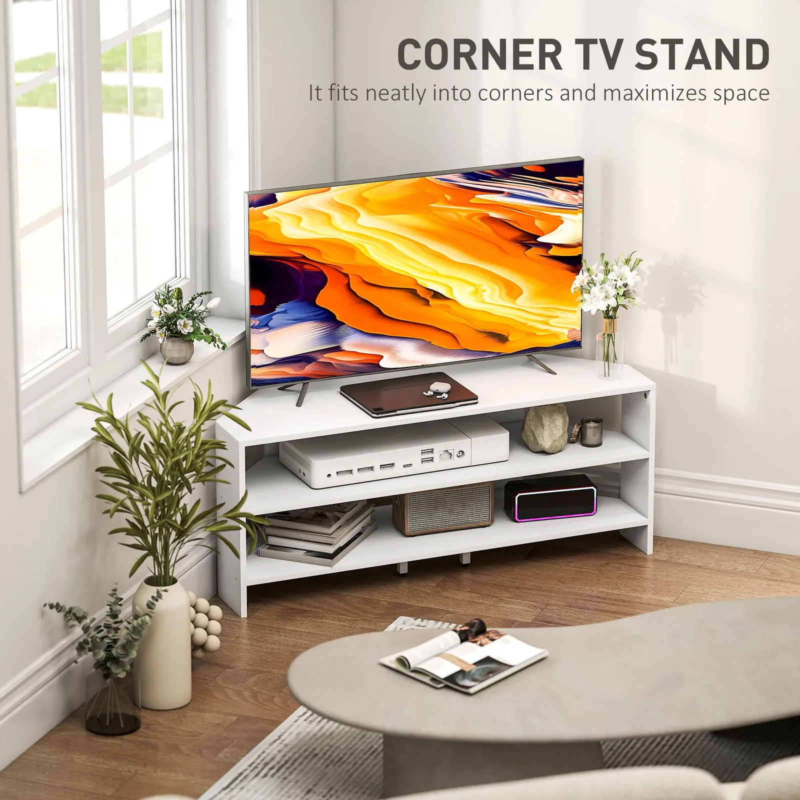 HOMCOM Corner TV Stand, TV Unit with Open Shelves for 47 Inch TV in White 4
