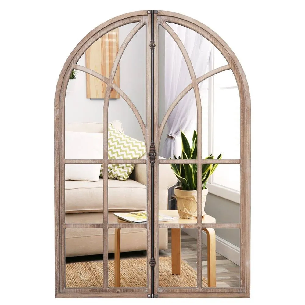 Costway Arched Window Pane Mirror Farmhouse Wall Mounted Decorative Mirror in Natural 3