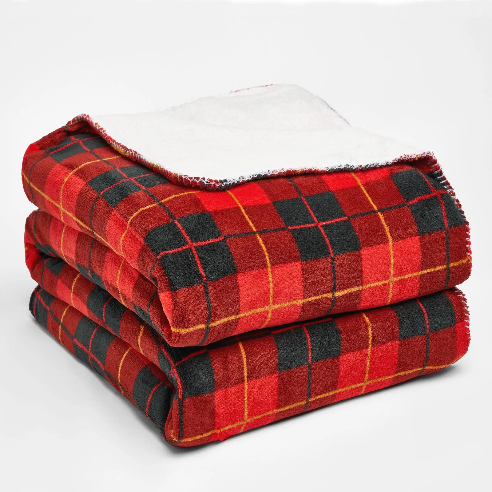 OHS Large Tartan Sherpa Flannel Fleece Throw Over Bed Blanket Check Red