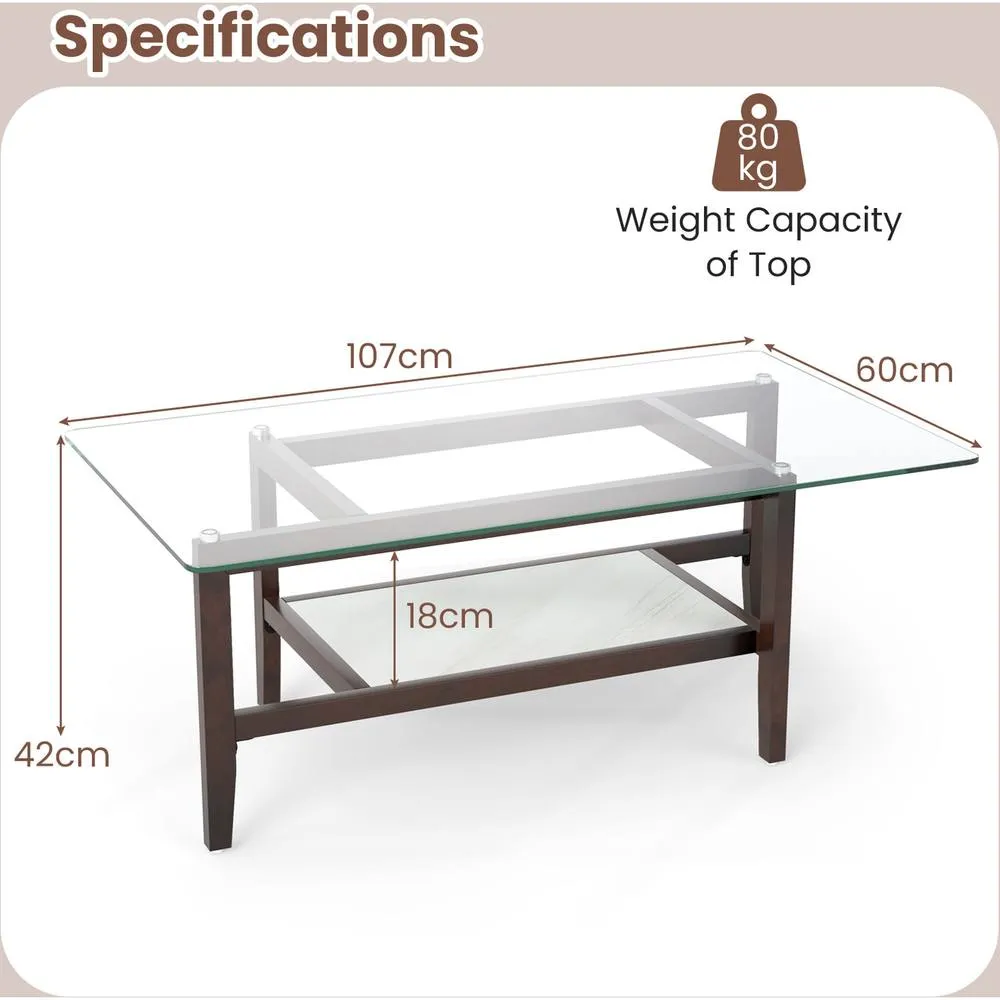 Costway Glass Coffee Table 2-Tier Coffee Table with Storage Shelf-Brown in Brown 4