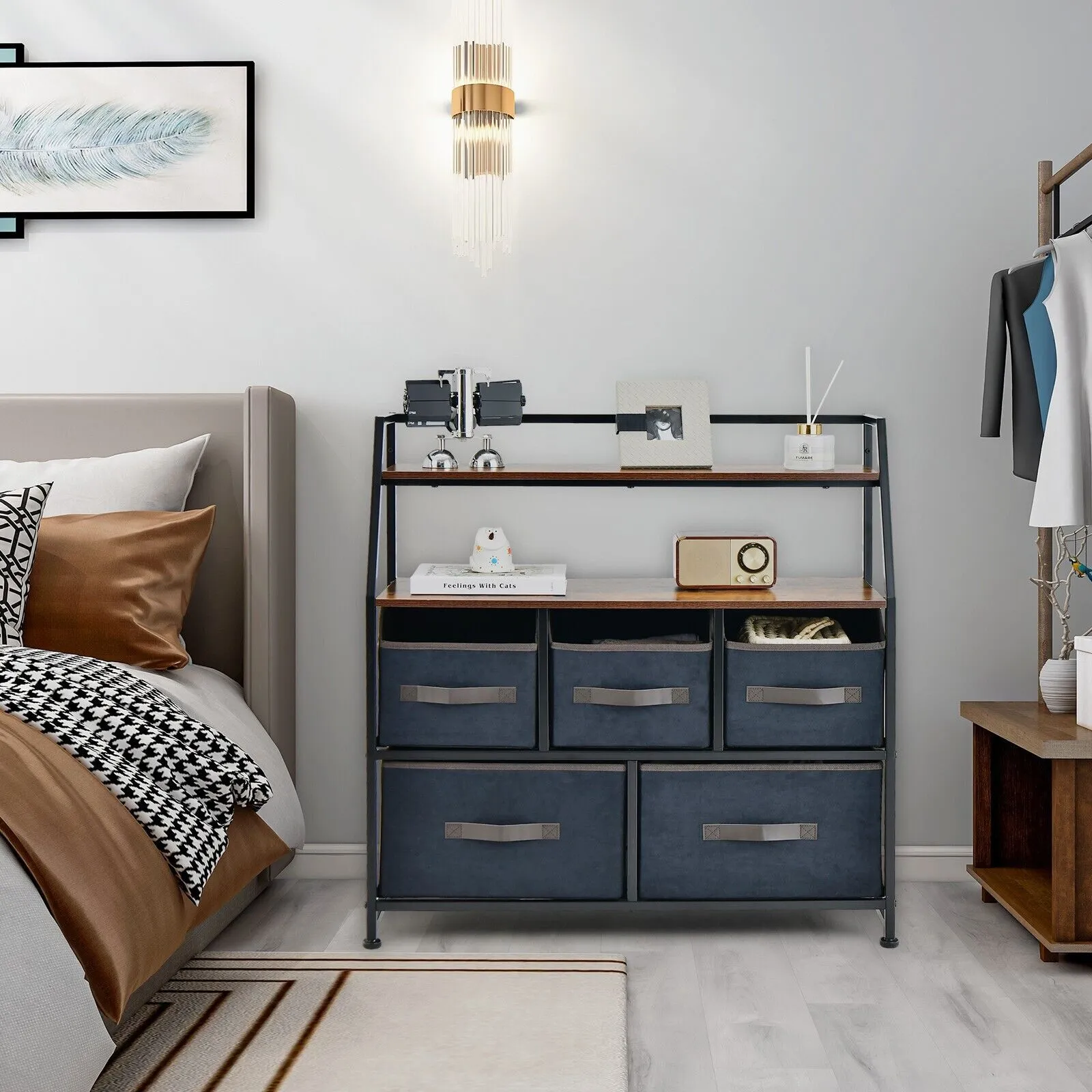 Costway Industrial 5 Drawers Dresser Organizer Fabric Storage Organizer Chest of Drawers in Brown 5