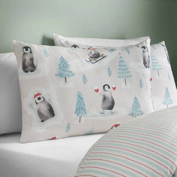 Catherine Lansfield Christmas Penguins 100% Brushed Cotton Duvet Cover & Pillowcase Set 4