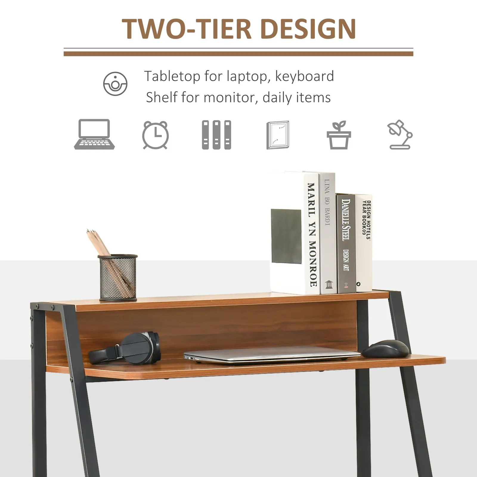 HOMCOM 2-Tier Storage Computer Workstation with Shelf, Metal Frame in Walnut 4