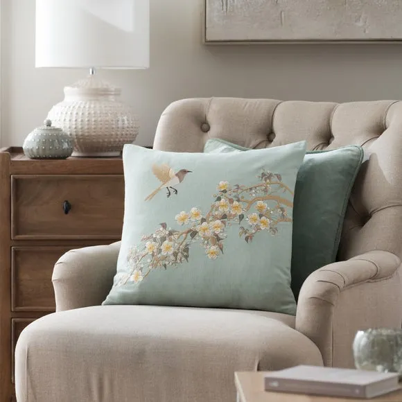 Embroidered Sparrow Cotton Square Cushion