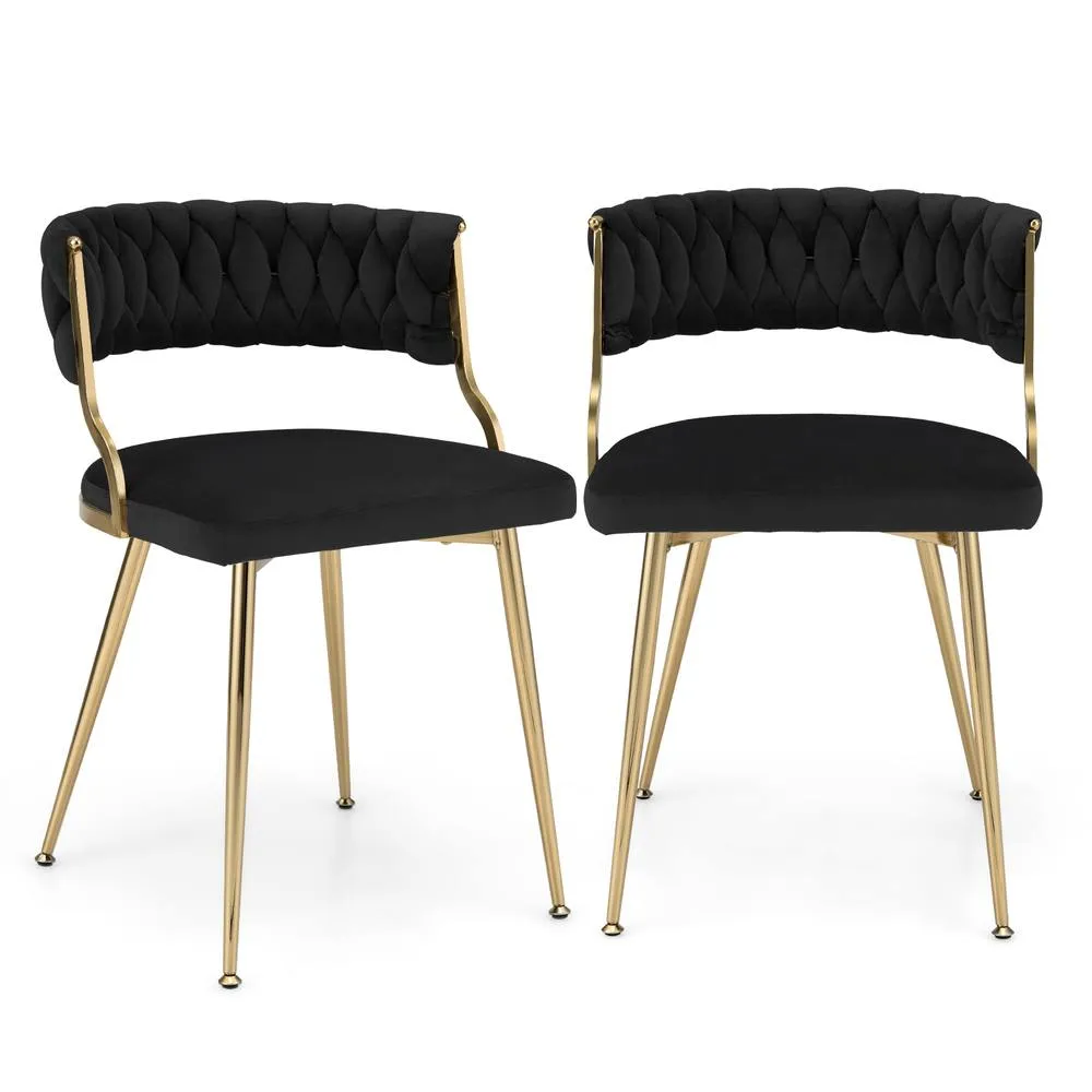 Costway 2PCS Dining Chairs Upholstered Armless Velvet Accent Chair Woven Back in Black