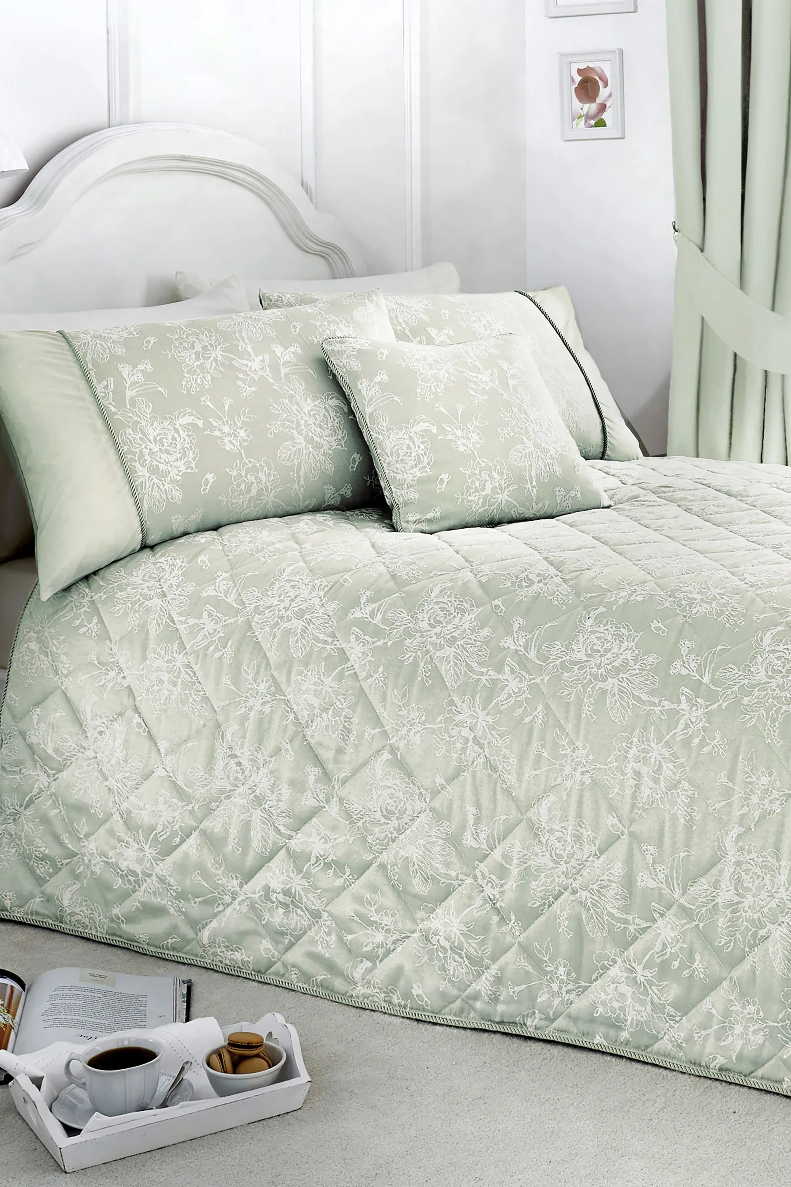 Dreams & Drapes 'Jasmine' Elegant Floral Jacquard Quilted Bedspread in Green 1