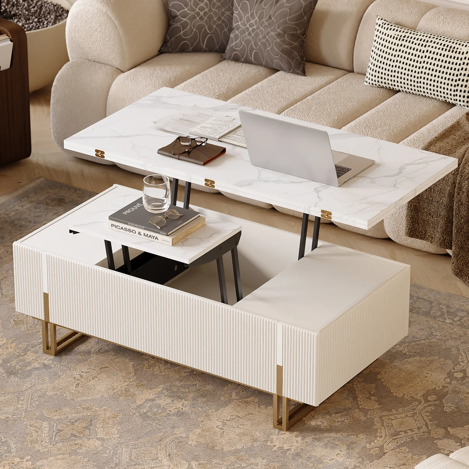 Grovyn Fluted  Lift-Top Coffee Table with 2 Drawers-120 cm