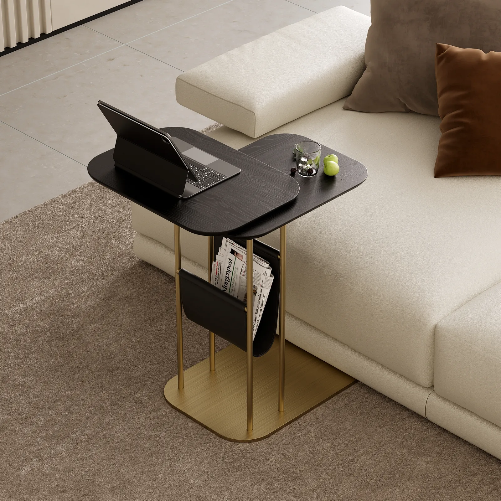 Modern Small C Shaped Rotating Side Table Black Wood Bedside Table with Storage End Tables