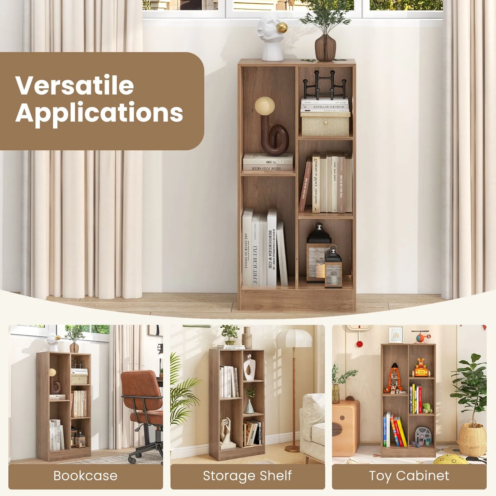 Costway 5-Cube Bookshelf Office Bookcase w/Open Storage Compartments in Brown 6