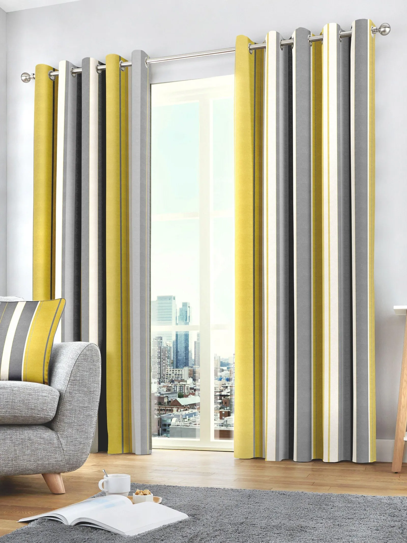 Fusion 'Whitworth Stripe' Fully Lined 100% Cotton Eyelet Curtains in Mustard 1