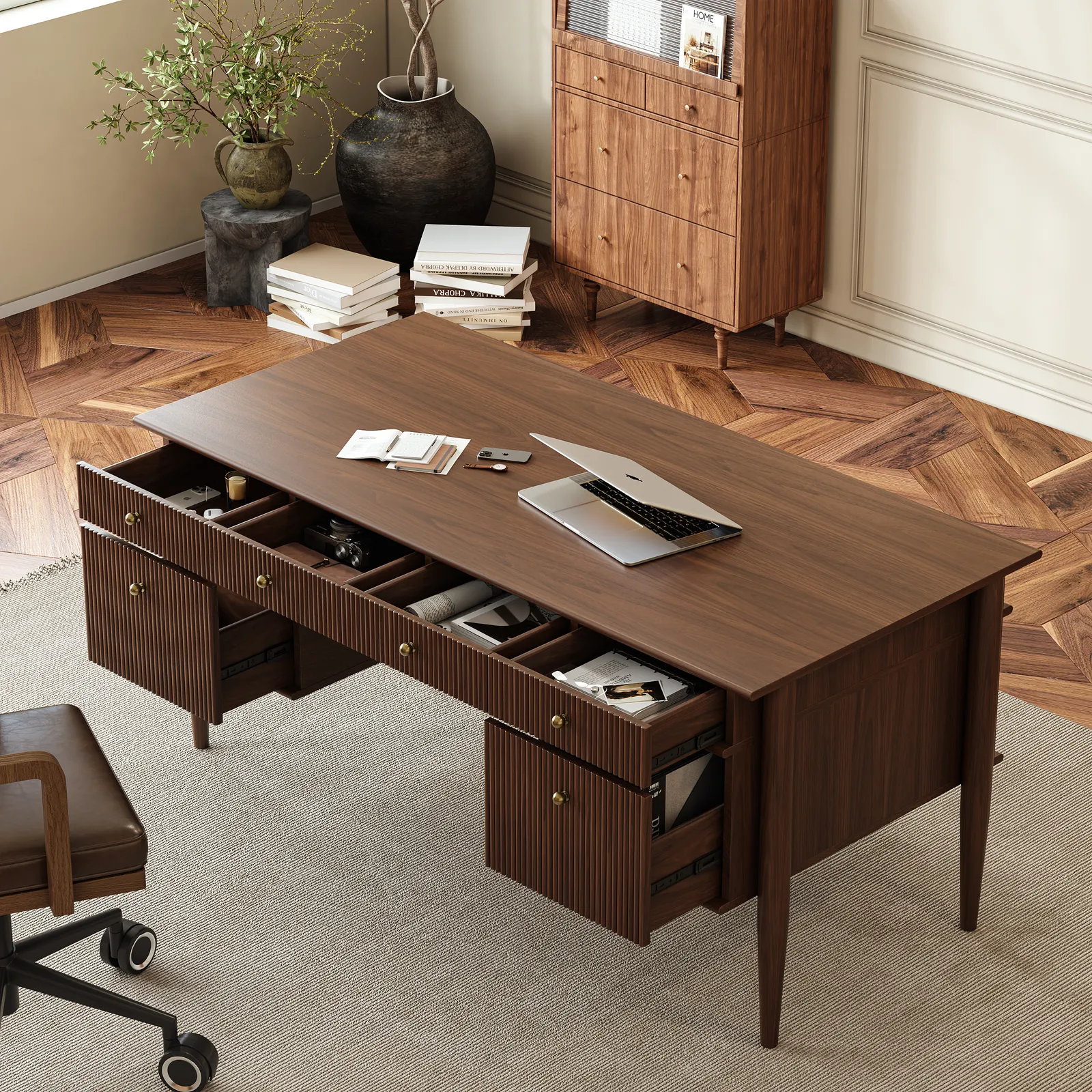 Mid-Century Solid Wood Home Office Desk with 6 Drawers Walnut Executive Writing Desk (160 cm)