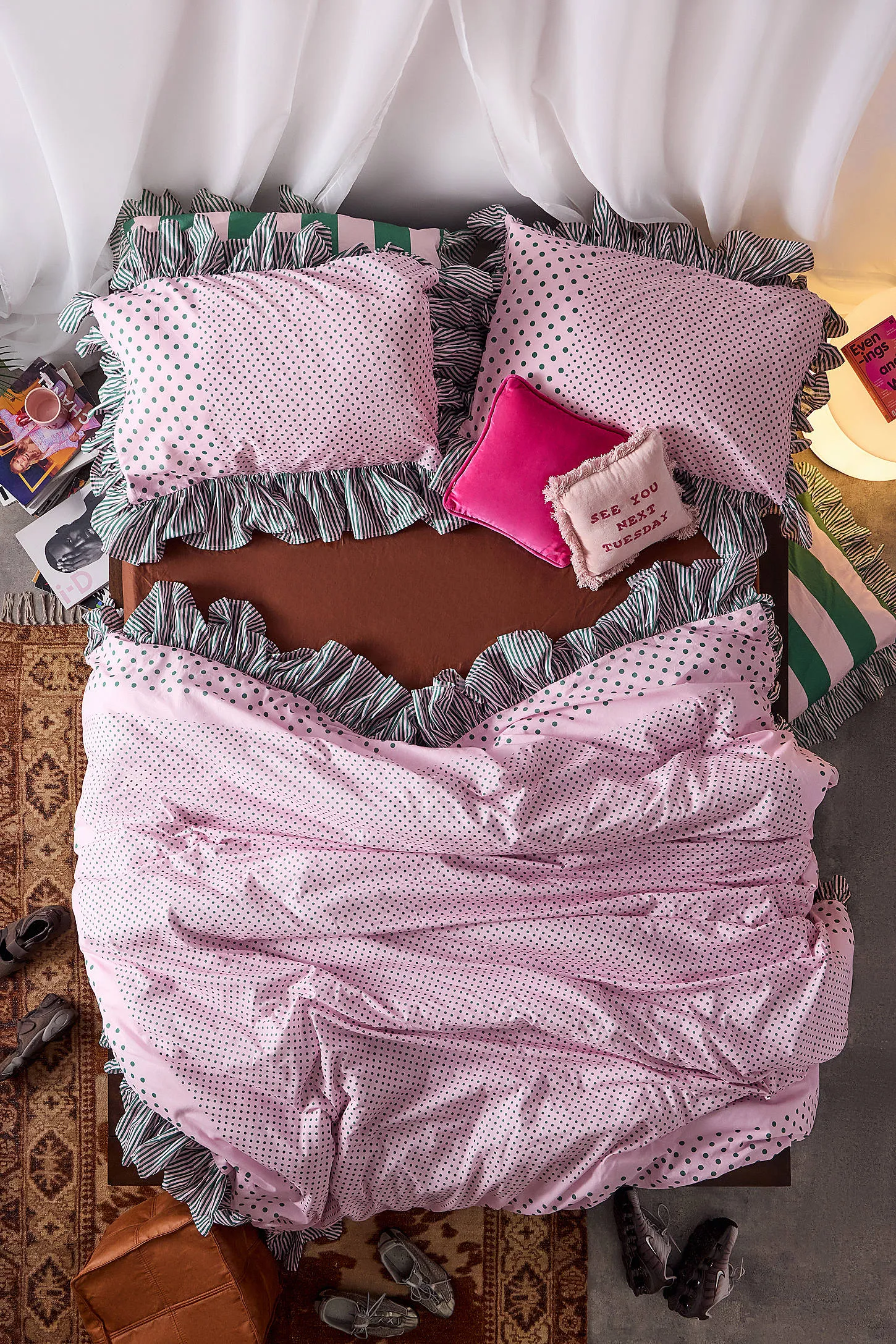 Polka Dot Stripe Ruffle Duvet Set - Pink 3