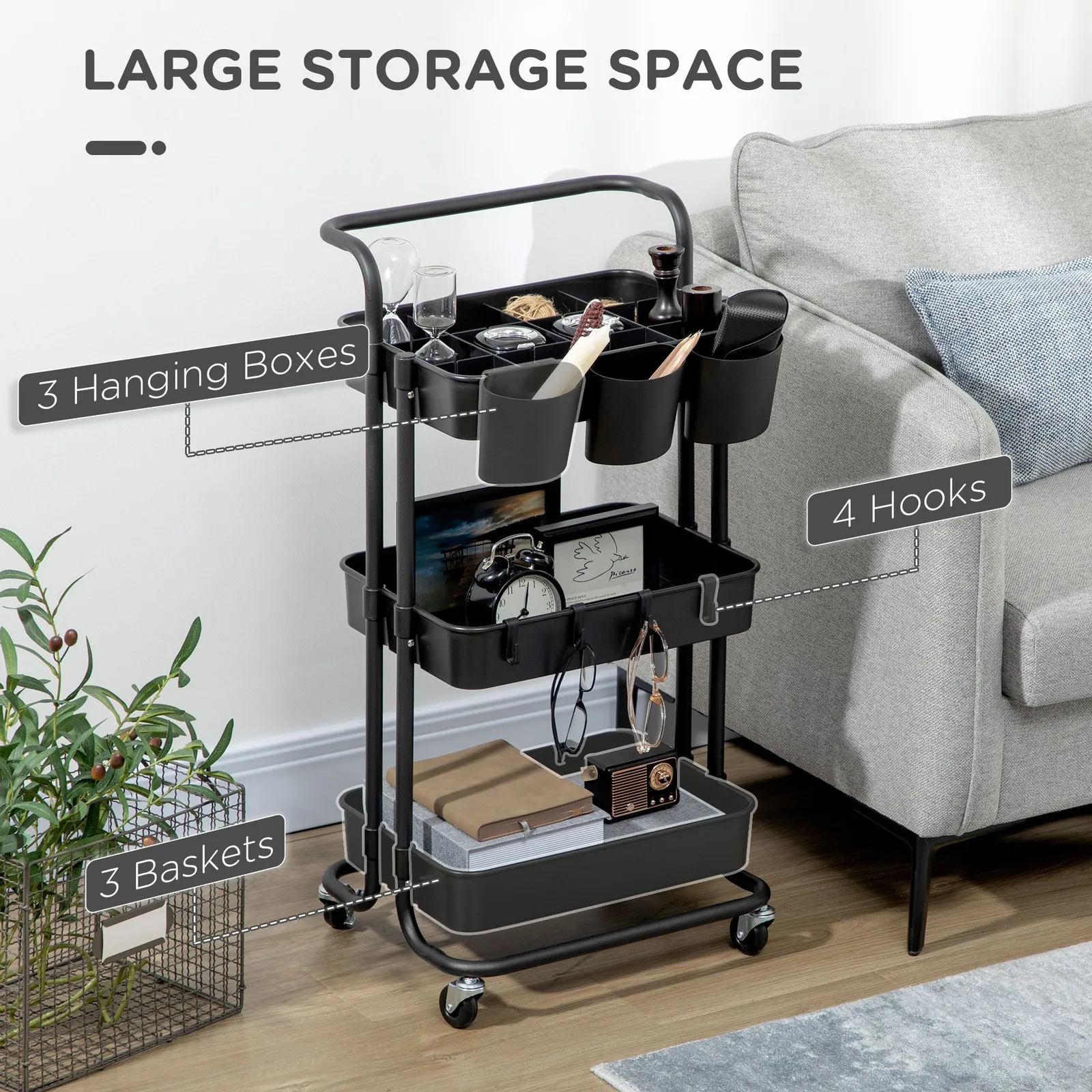 HOMCOM 3-Tier Utility Cart, Serving Trolley with Mesh Baskets Removable in Black 4