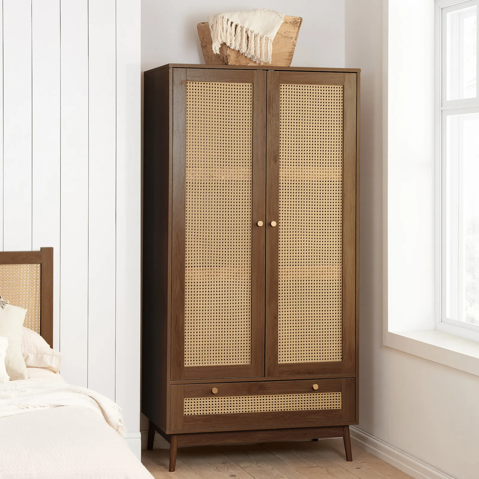 Croxley - 2 Door 1 Drawer Wardrobe - Walnut - Rattan - Wooden - Happy Beds 1