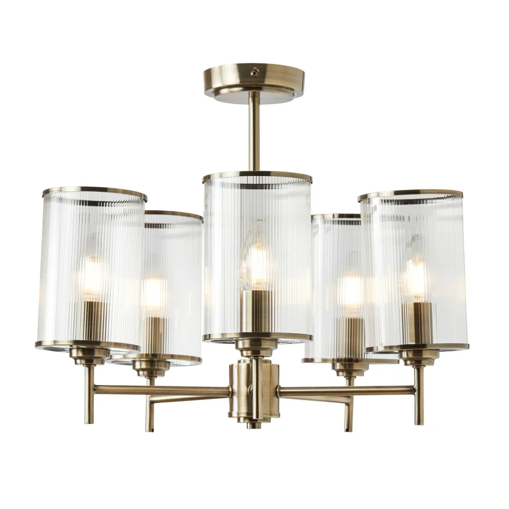 Elise 5 Arm Semi Flush Ceiling Light, Antique Brass