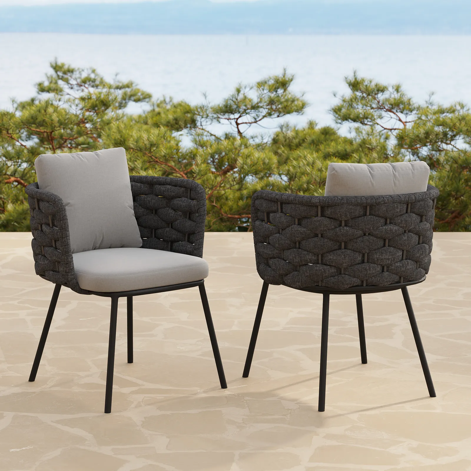 Set of 2 Modern Dark Grey Aluminium Rattan Outdoor Dining Chairs with Armrests – Durable & Weather-Resistant for Patios, Gardens, or Balconies