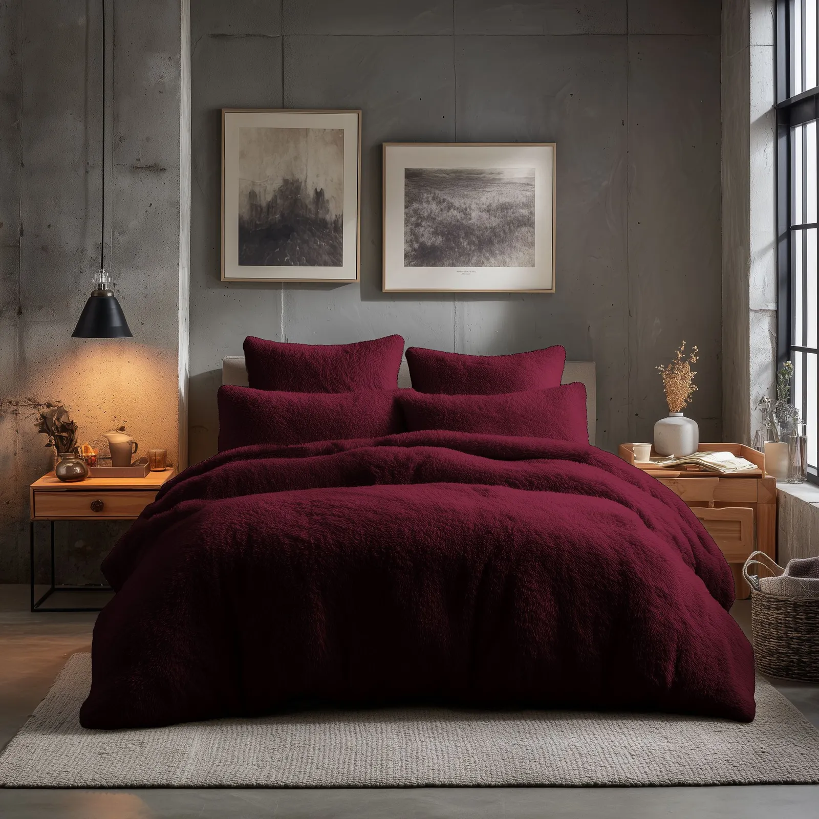 Snug City Teddy Bear Fleece Soft Cosy Duvet Cover + Pillow Case Set in Plum