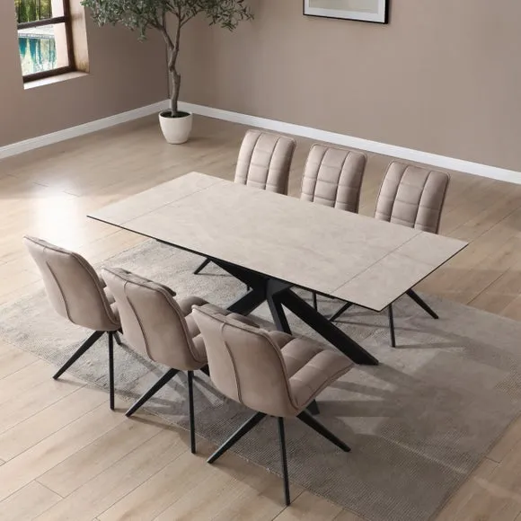 Indus Valley Athena Ceramic Extending Dining Table With 6 Aura Chairs