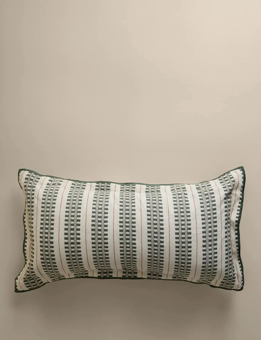 M&S Pure Cotton Embroidered Grid Bolster Cushion Green Mix