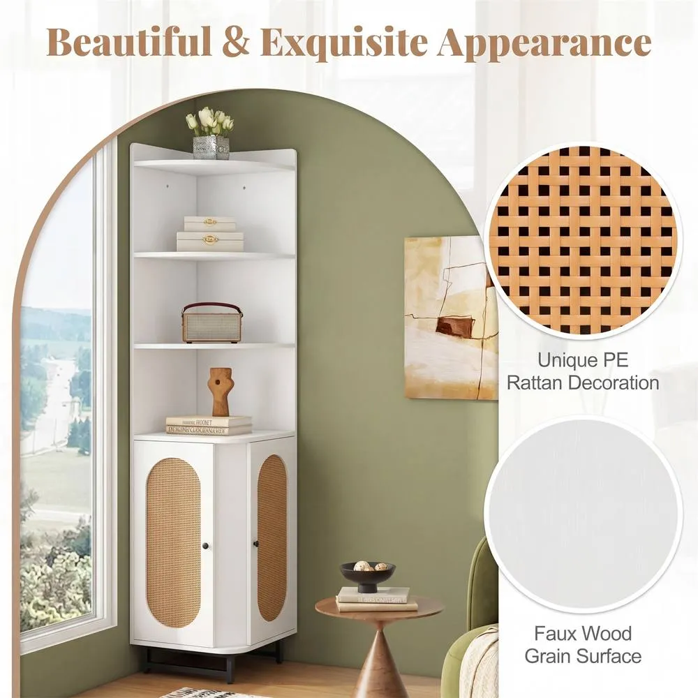 Costway PE Rattan Corner Cabinet 172cm Tall Corner Bookcase w/2 Doors &Shelves in White 6
