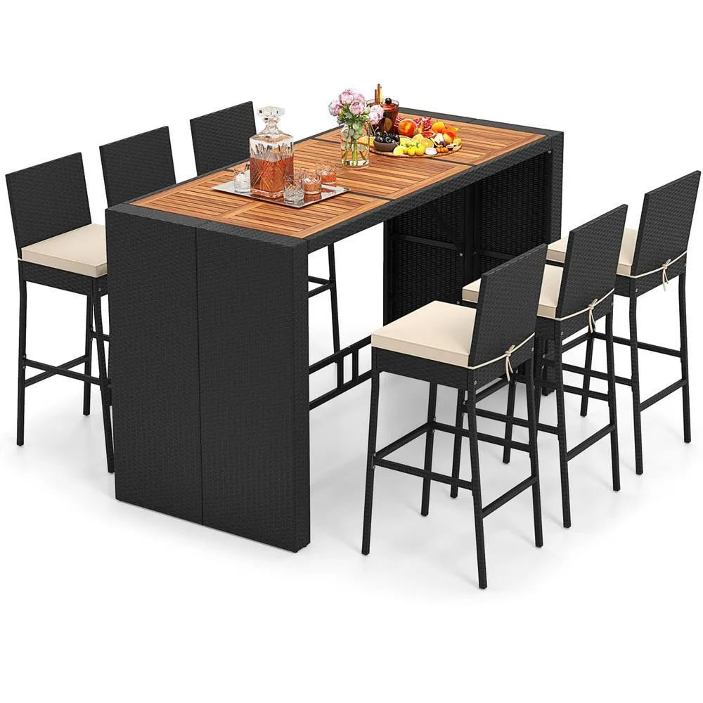Costway 7 Pieces Patio Rattan Bar Set 6 Wicker Bar Height Chairs in Black