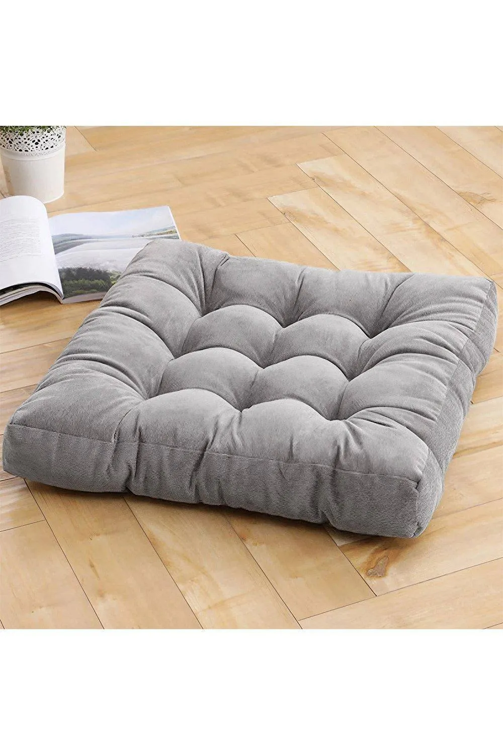 H&O Direct Square Tufted Seat Cushion Thicken Corduroy Meditation Pillow Floor Cushion in Grey