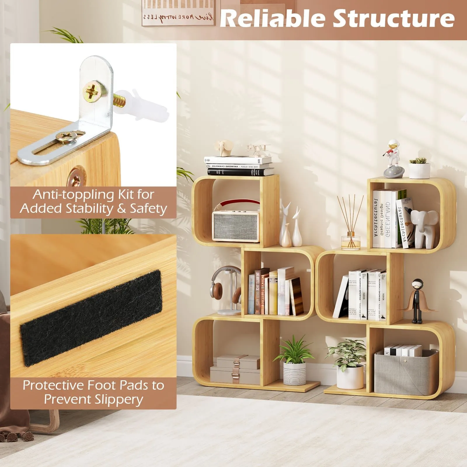Costway 3-TierS-Shaped Bookcase, Bamboo Bookshelf w/3 Open Cubes in Natural 6