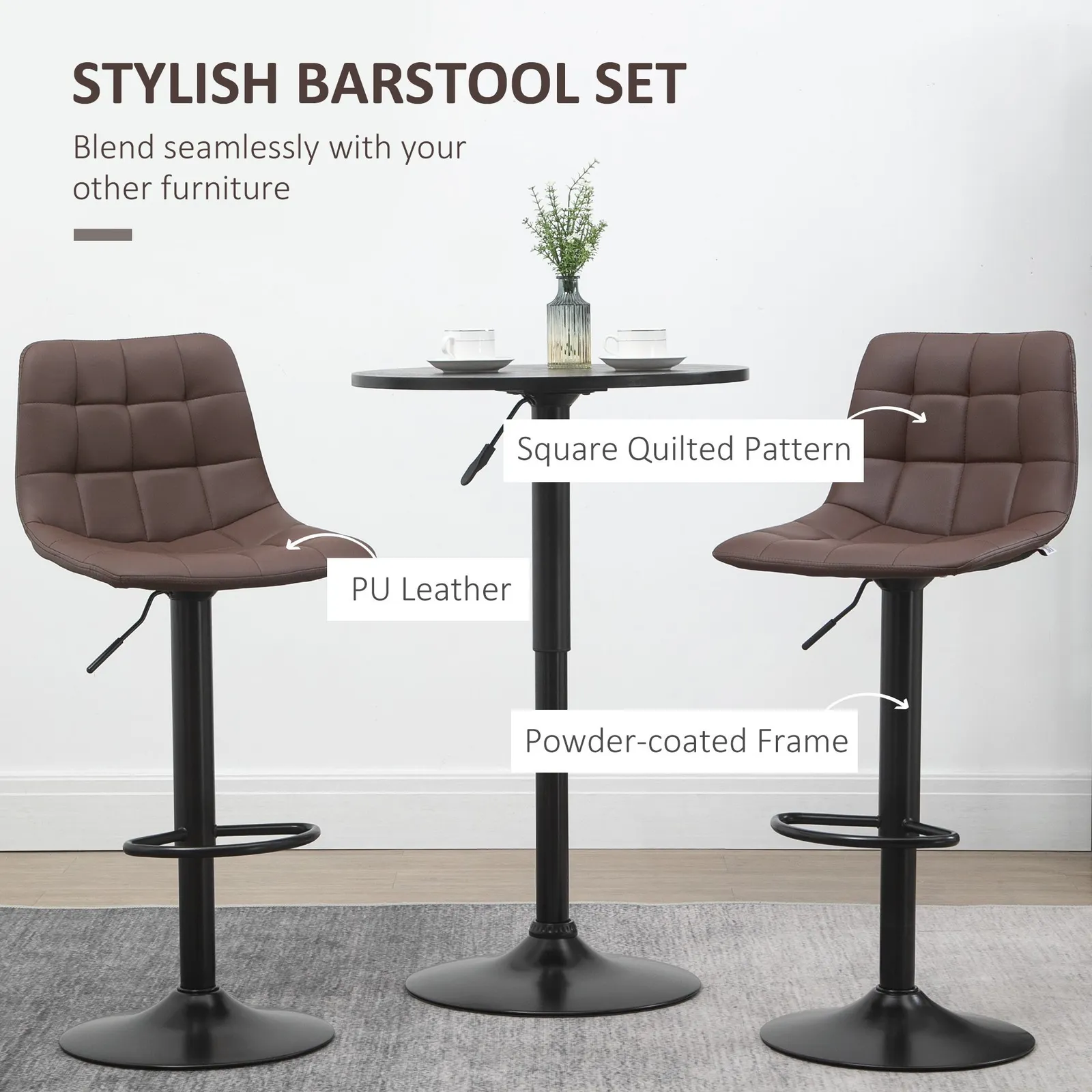 HOMCOM Stools Set of 2 Adjustable Breakfast Dining Stools for Home Kitchen in Brown 5