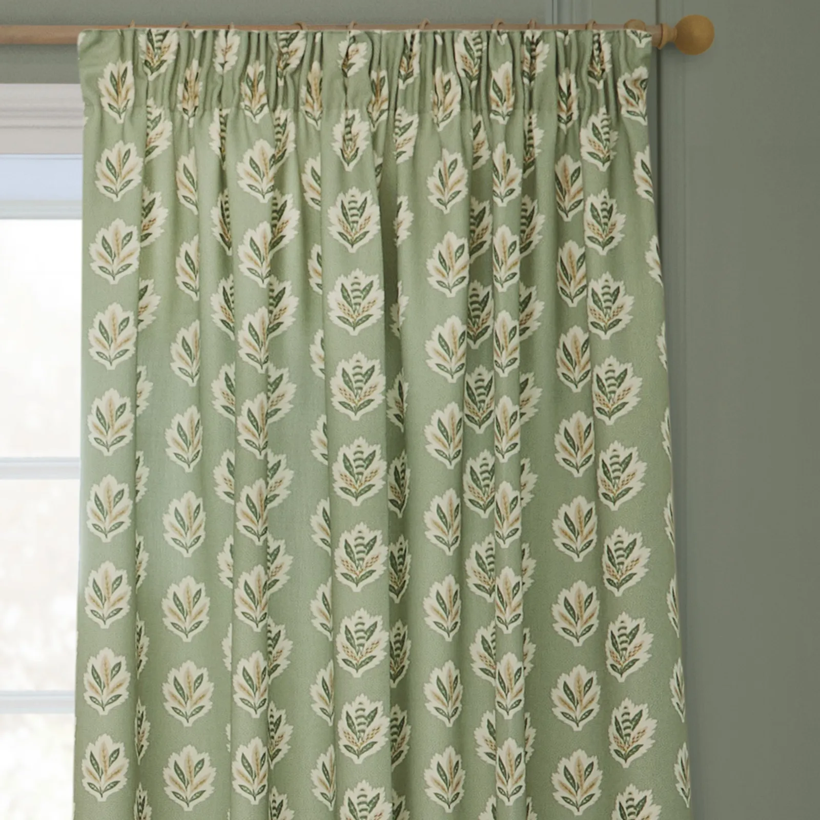 Sanderson Sessile Leaf Printed Room Darkening Pencil Pleat Curtains in Light Green 3
