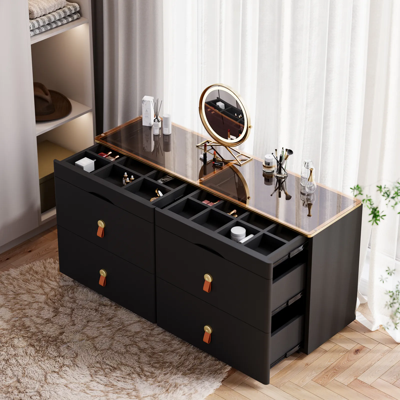 Glass 120 cm W Modern Black Dresser 6 Drawer Closet Island with Jewellery Display Storage