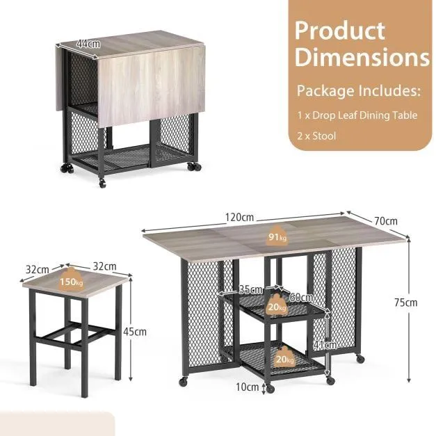 Costway Drop Leaf Bar Table Set 3 Piece Folding Dining Table Set w/2 Stools in Grey 4