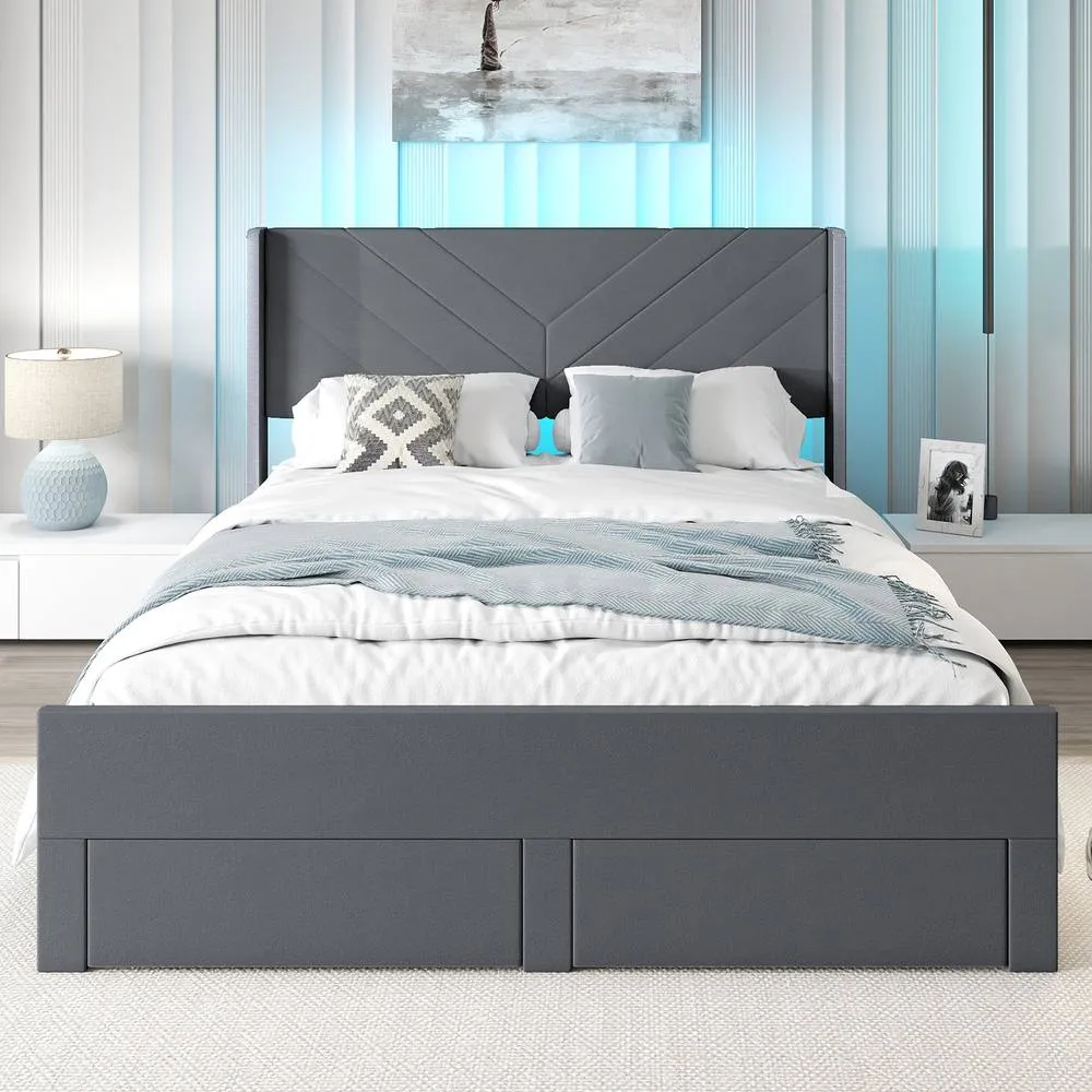 Costway King Size Bed Frame w/LED Lights Dutch Velvet Upholstered Platform Bed in Grey 3
