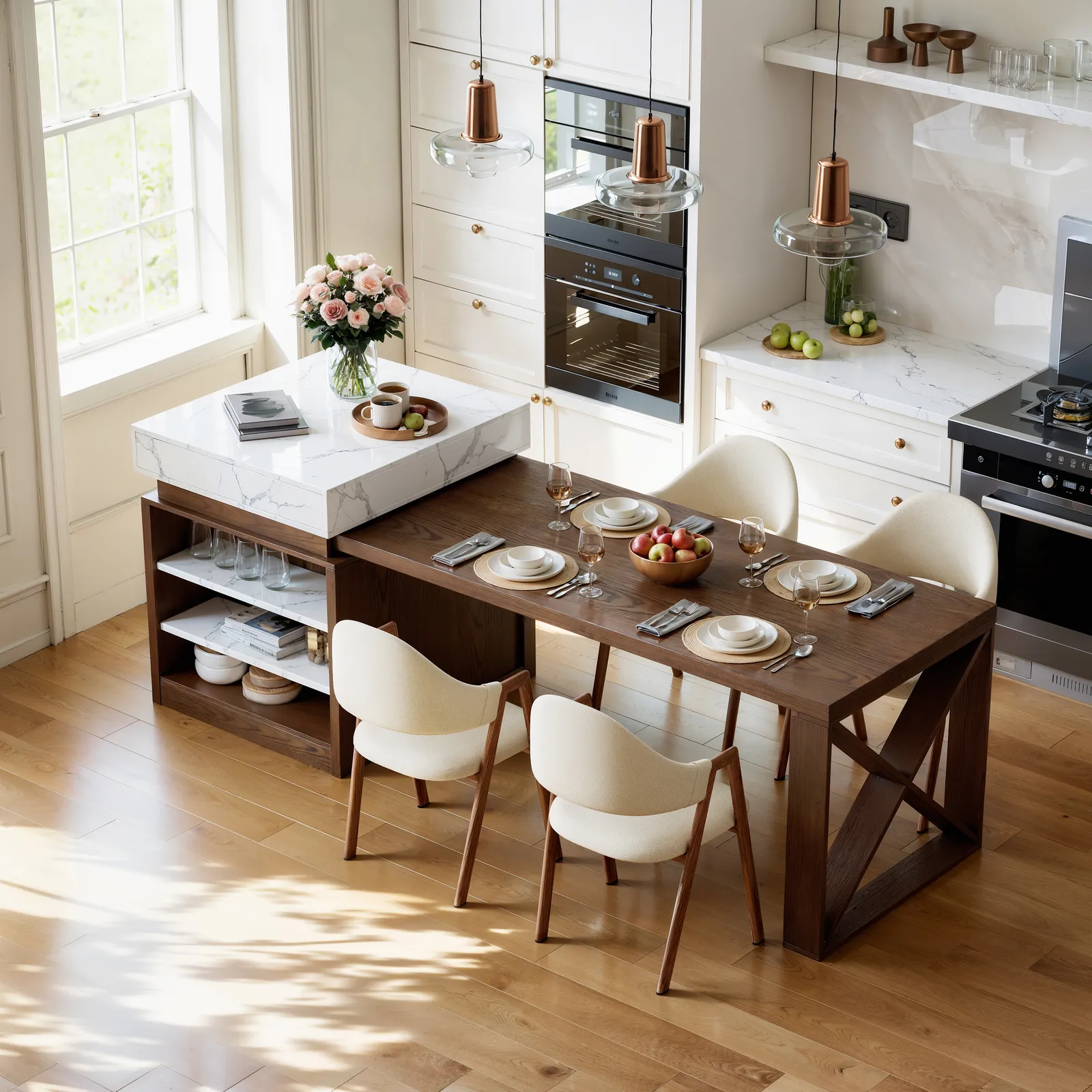 1850mm-2350mm Extendable White&Walnut Kitchen Island with Storage Kitchen Cabinet