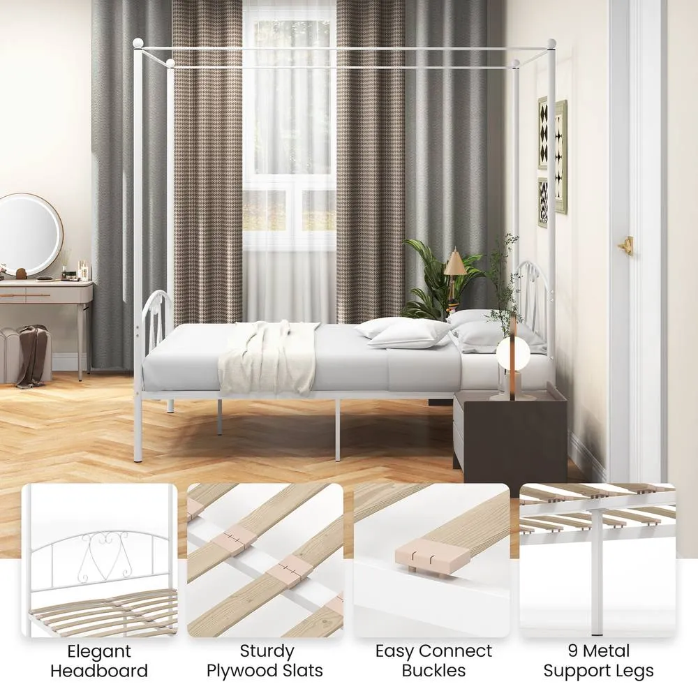 Costway Double Canopy Bed Frame Metal Platform Bed Base w/Headboard Footboard in White 3