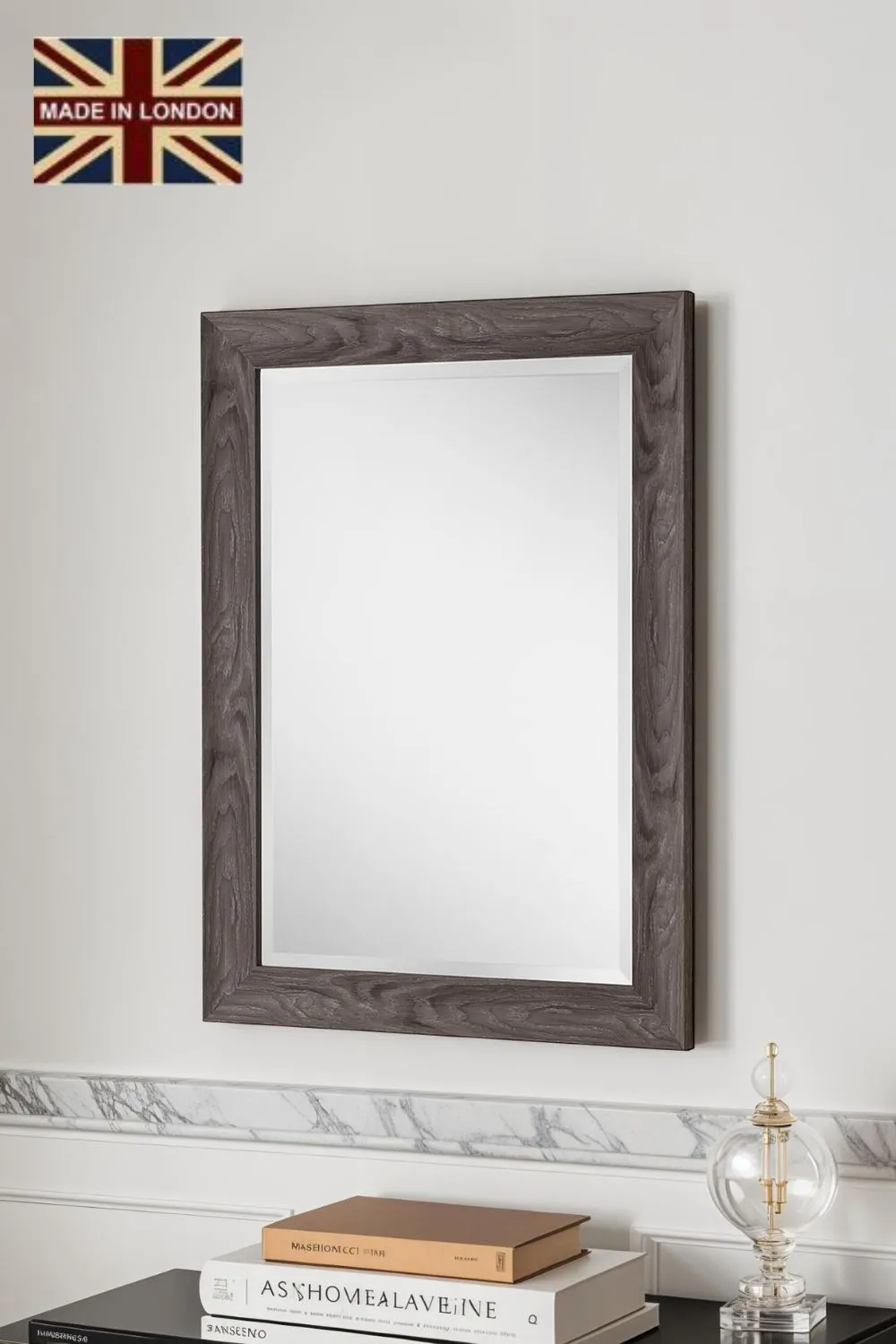 Yearn Mirrors Rustic Grey Wood Effect Scooped Framed Mirror 91.5x66cm in Pale Green