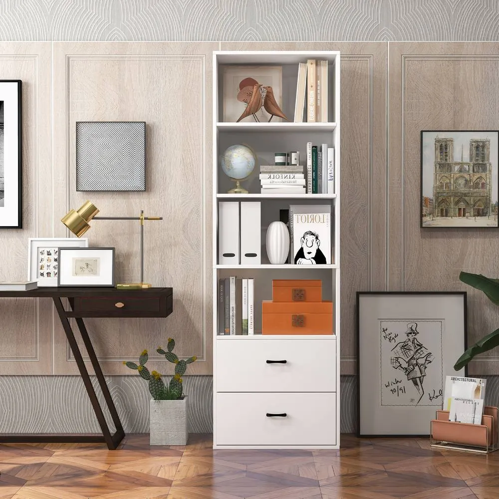 Costway 6-Tier Tall Bookshelf Wood Bookcase Organizer Display Storage Shelf W/ 2 Drawers in White 4