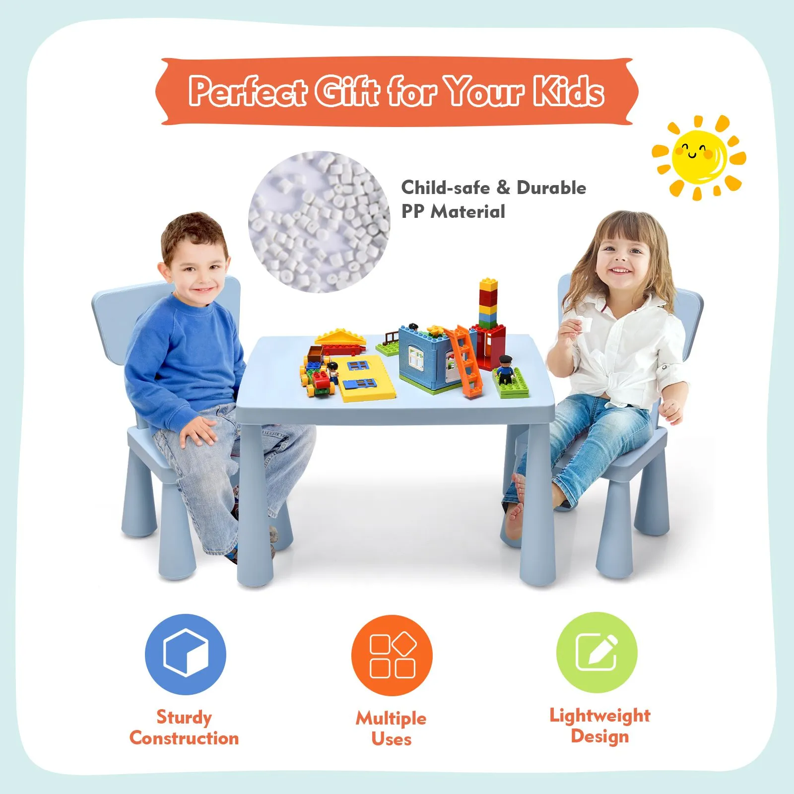 Costway Children Play Table with 2 Chairs Set for Eating Drawing Writing in Baby Blue 6