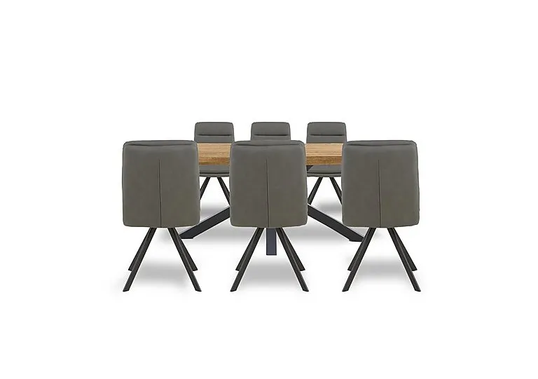 Njord 160cm Compact Raw Edge Dining Table with Metal Star Base and 6 Grey Faux Leather Swivel Chairs