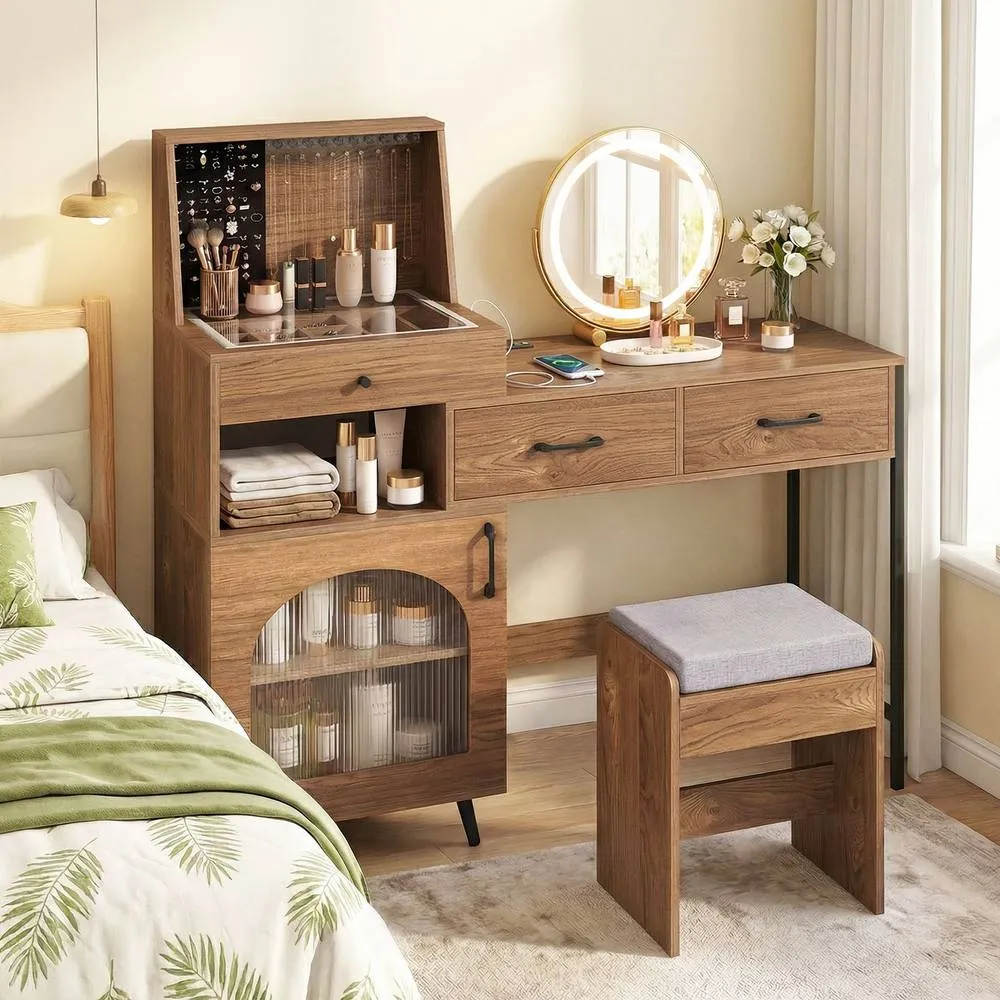 Costway Modern Makeup Vanity Table Set Dressing Desk w/Mirror & Lights & Stool in Natural 2
