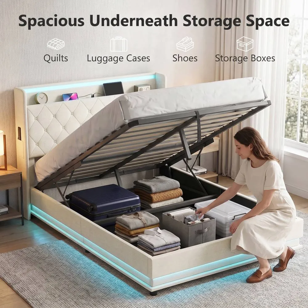HOMCOM Lift up Storage Bed Frame with RGB LED Lights, 135 x 190cm, Cream 4