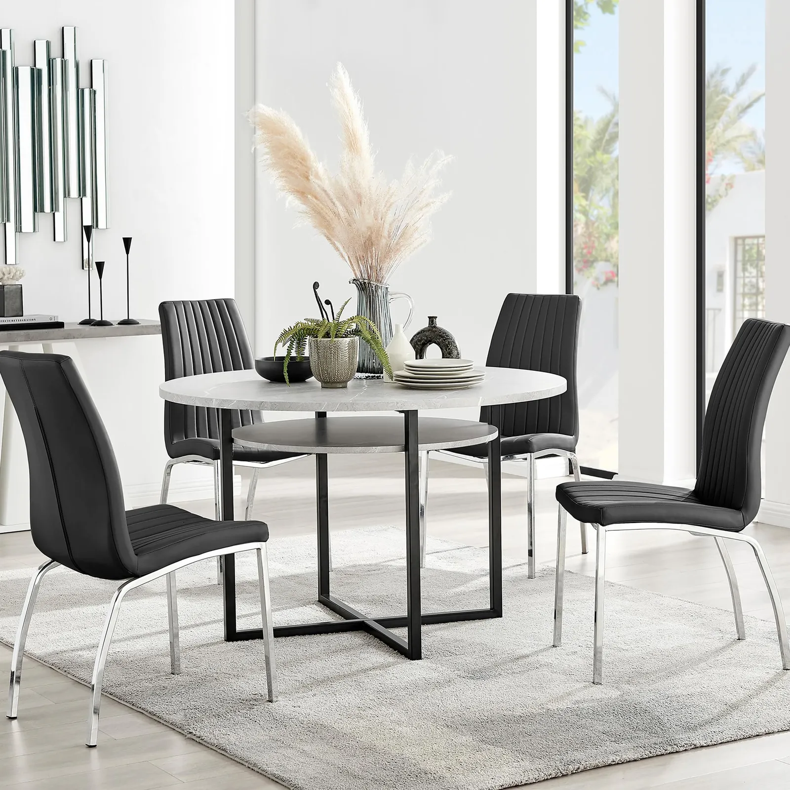 FurnitureboxUK Adley Grey Concrete Effect Round Dining Table & 4 Isco Faux Leather Chairs in Black 1